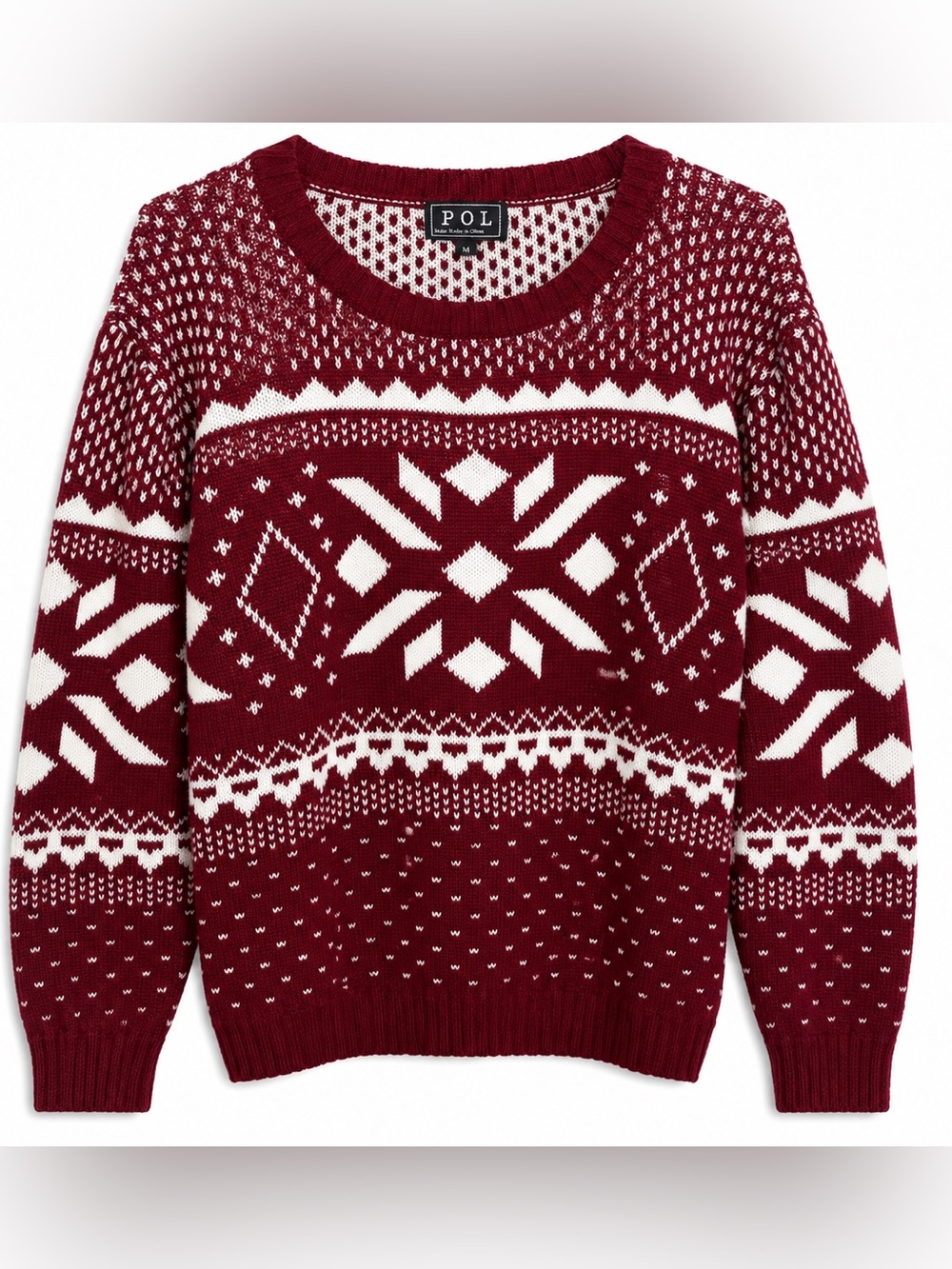 POL Sweater Women Large Burgundy Fair Isle Nordic Knit Cozy Winter